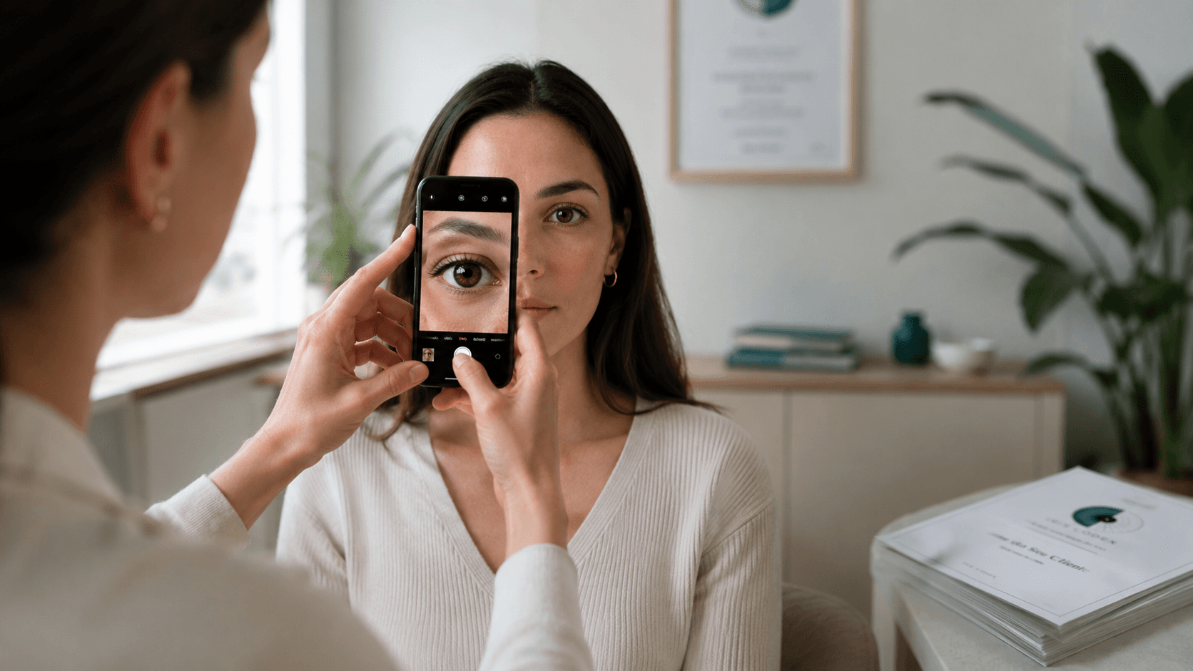 Terapeuta fotografando a íris do cliente em sessão
